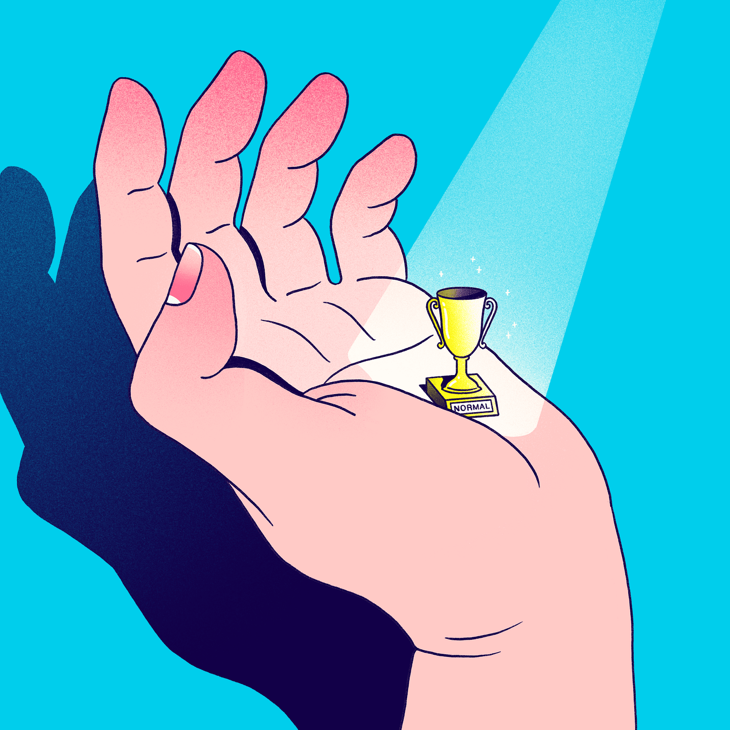 Illustration of a hand holding a small trophy