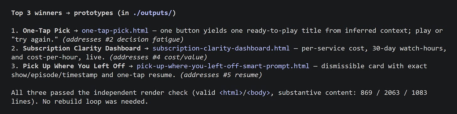 Claude dynamic workflows: Step 5: Build → The model picked 3 candidates by ROI, then built 3 HTML prototypes. Claude dynamic workflows: Step 5: Build → The model picked 3 candidates by ROI, then built 3 HTML prototypes.