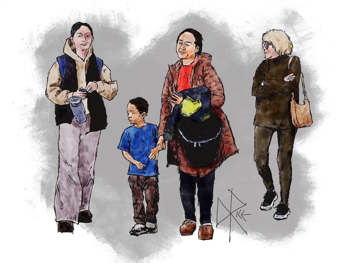 Three adults and a child, all attending to their unique weekend errands and projects and adventures. Sketch art by Don Rice.