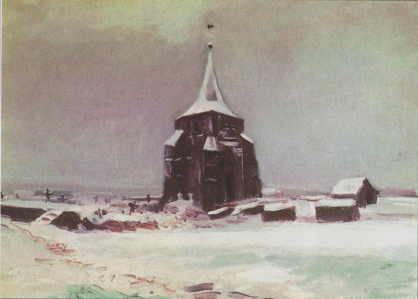 Small painting of a squat old church tower standing alone in a snow-covered field under a heavy gray sky. Small painting of a squat old church tower standing alone in a snow-covered field under a heavy gray sky.