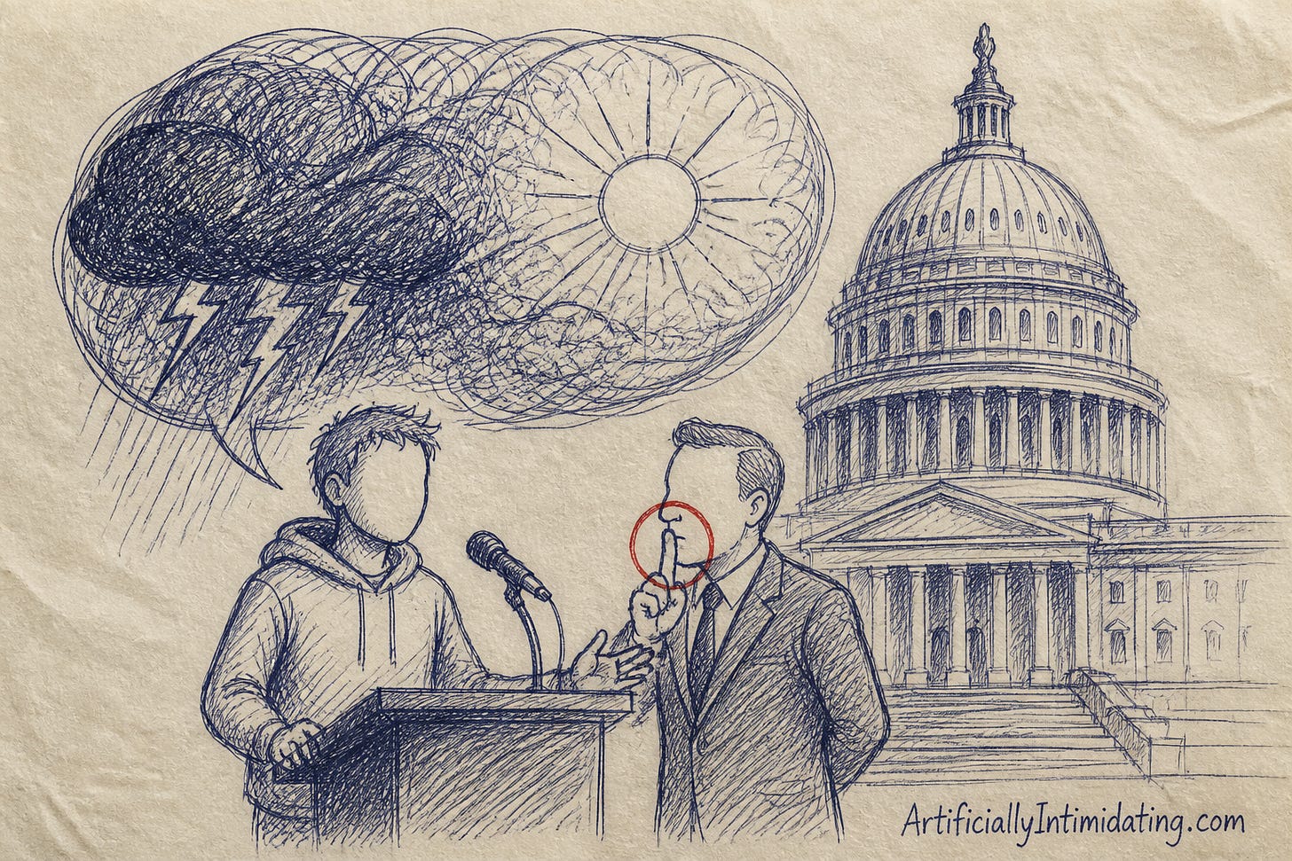 At a podium in front of a domed Capitol building, a hoodie-wearing founder-type with a speech bubble that is half storm cloud, half sunshine, while a suited official presses a finger to his lips, circled in red.