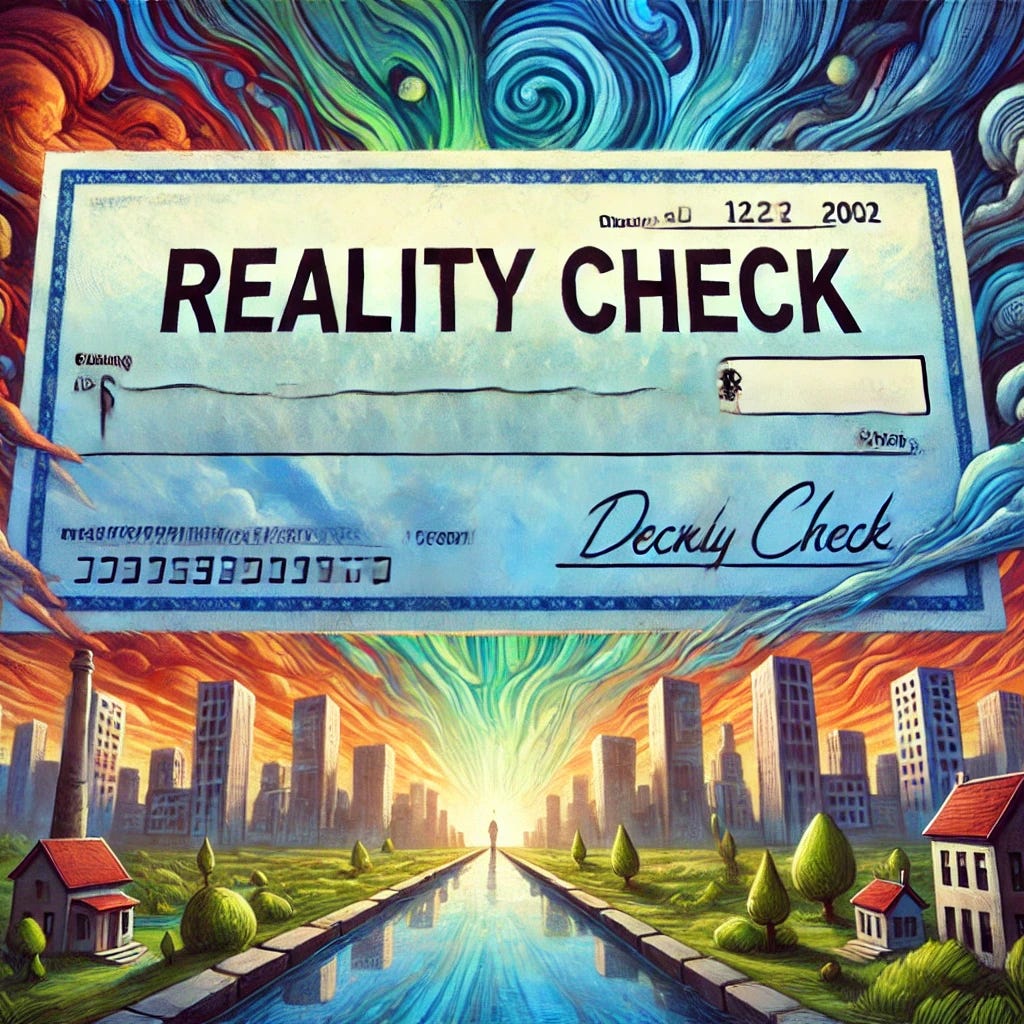 A symbolic illustration of a 'reality check' concept. The image shows a large, oversized check (like a novelty prize check) with the words 'Reality Check' written in bold letters where the payee's name usually goes. The background is a surreal mix of a dreamlike landscape merging into a realistic city scene, representing the contrast between dreams and reality. The style is creative and metaphorical, with vibrant and thought-provoking visuals.