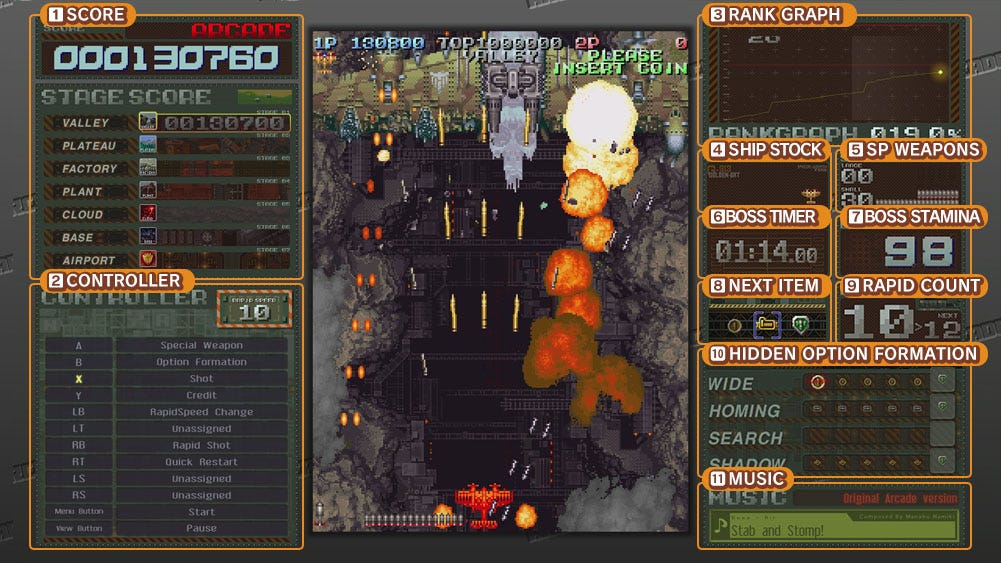 An image that labels what all of the different gadgets in the M2 ShotTriggers release of Battle Garegga do: score, controller, rank, stock remaining, boss timer, boss stamina, the next item that'll appear from a fallen foe, how quickly rapid-fire bullets are firing, hidden option formations, and what music is currently playing.