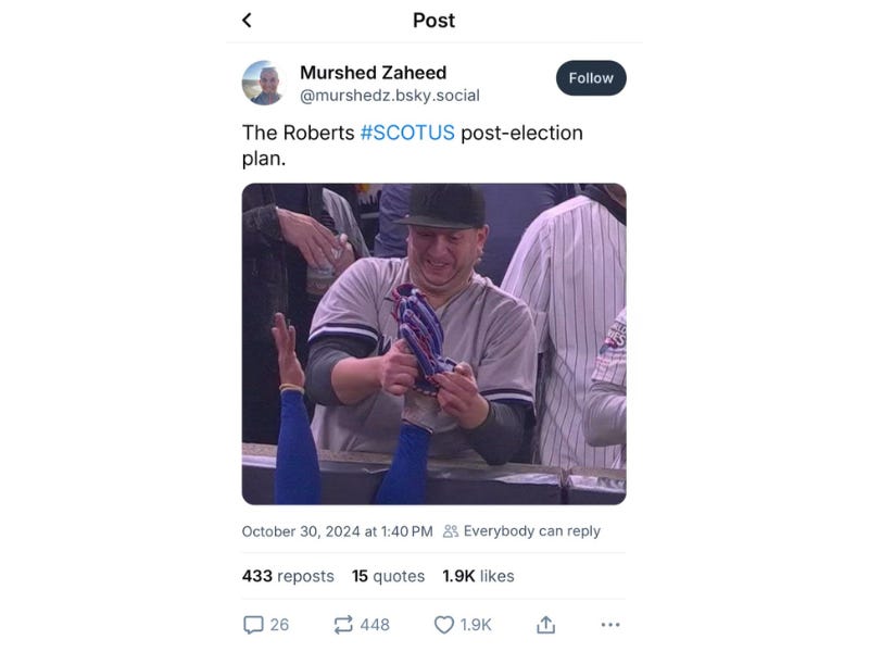 A post to the Bluesky social media app depicting a scenario talked about a lot on the left. There’s no evidence this scenarios is correct or even likely to happen. The Dodgers won the World Series, Wednesday night. A post to the Bluesky social media app depicting a scenario talked about a lot on the left. There’s no evidence this scenarios is correct or even likely to happen. The Dodgers won the World Series, Wednesday night.