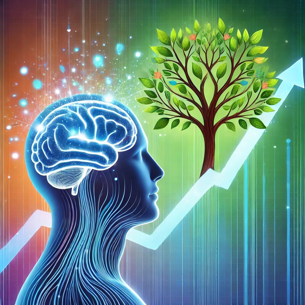 A conceptual illustration of developing a growth mindset, featuring a human brain transforming into a tree with flourishing branches, symbolizing learning and growth. The background includes vibrant colors such as blue and green gradients, representing positivity and progress. The style is modern and motivational, ideal for a blog or educational content.