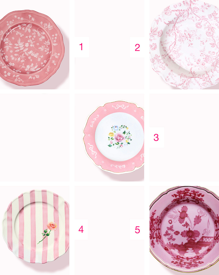 A selection of pink dinner and dessert plates.