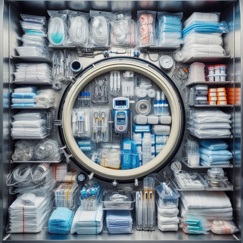 AI generated image of packaged medical supplies in an autoclave unit.