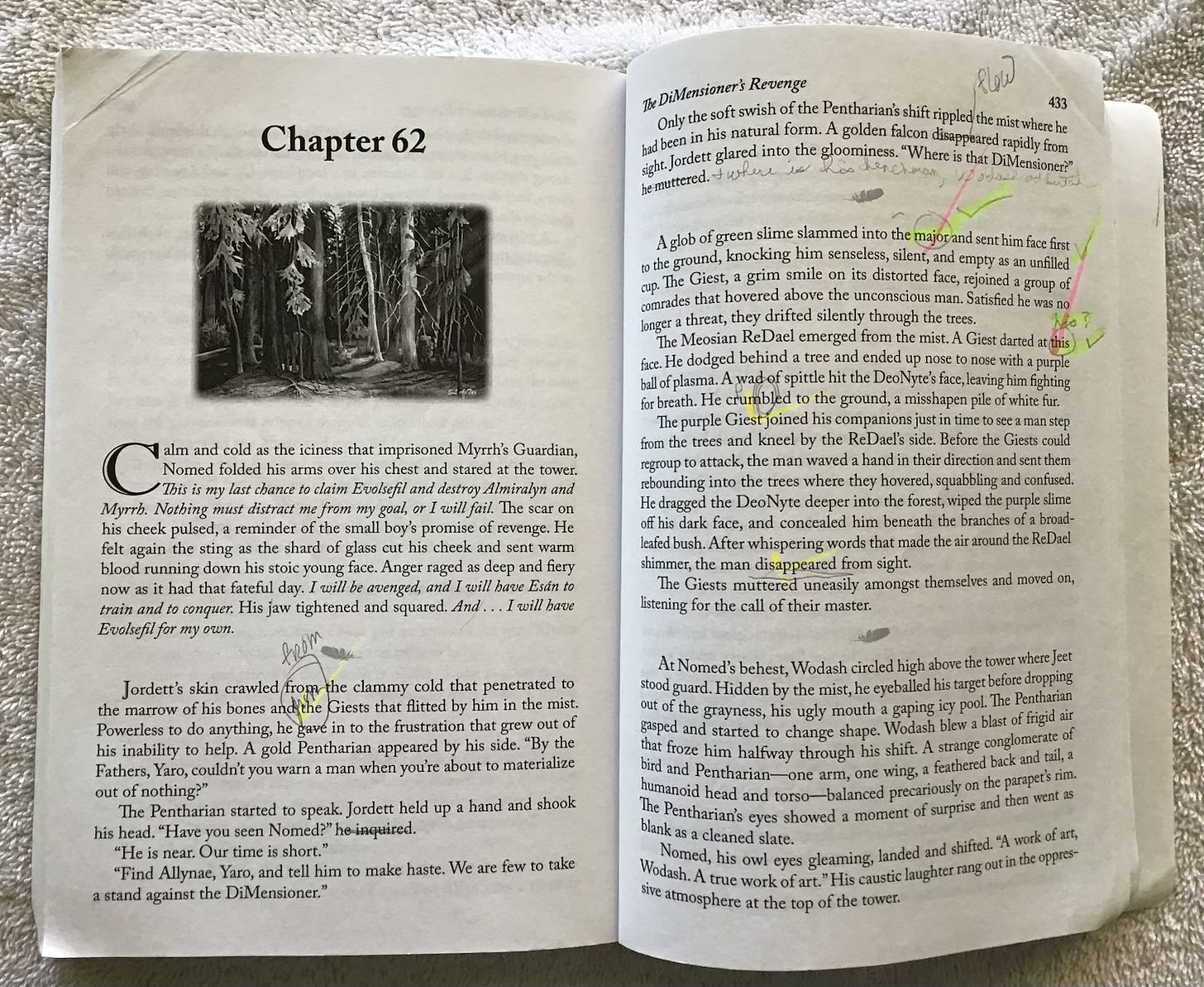 The interior of the first edition proof of The DiMensioner's Revenge showing chapter illustration, formatting, and manual edits.
