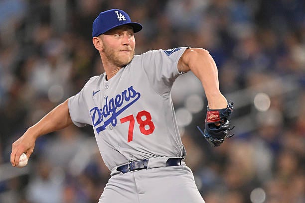 Los Angeles Dodgers relief pitcher Ben Casparius delivers a pitch during a MLB game between the Toronto Blue Jays and Los Angeles Dodgers on April 8...