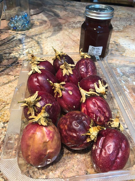 Three photos: a cake with slices of quince on top; passion fruit, which is purple and ribbed (“wrinkled”); the inside of passion fruit, which has a gelatinous yellow fruit with many black seeds.