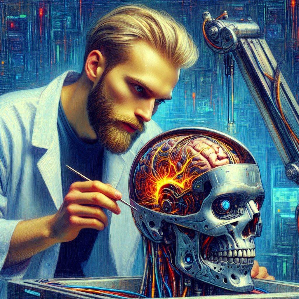 A handsome nordic man with a beard is operating on the cybernetic brain of a robot. The top of the robot's skull has been removed and is sitting on a nearby table. Slight impressionist style. High-tech vibe.