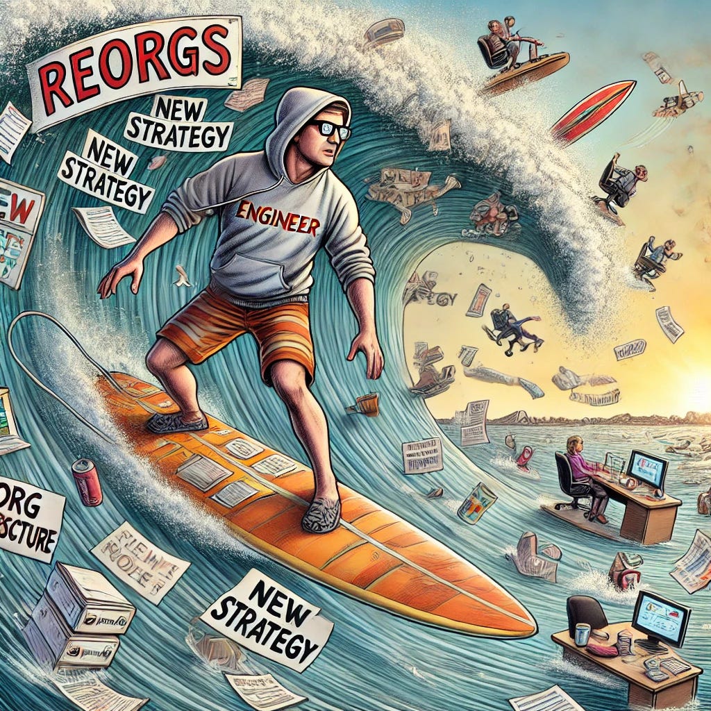 A comic-style drawing of an engineer as a surfer riding a giant wave labeled 'Reorgs.' The engineer, wearing a hoodie and glasses, balances on a surfboard made of office documents, with charts and graphs flying in the wind. The wave is chaotic, filled with swirling office desks, managers changing roles mid-air, and signs like 'New Strategy' and 'Org Restructure' crashing down. Other employees can be seen either riding smaller waves or getting wiped out, while some are calmly floating with coffee cups in hand. The background features a distant shoreline labeled 'Stability' with the sun barely peeking through the corporate storm clouds.