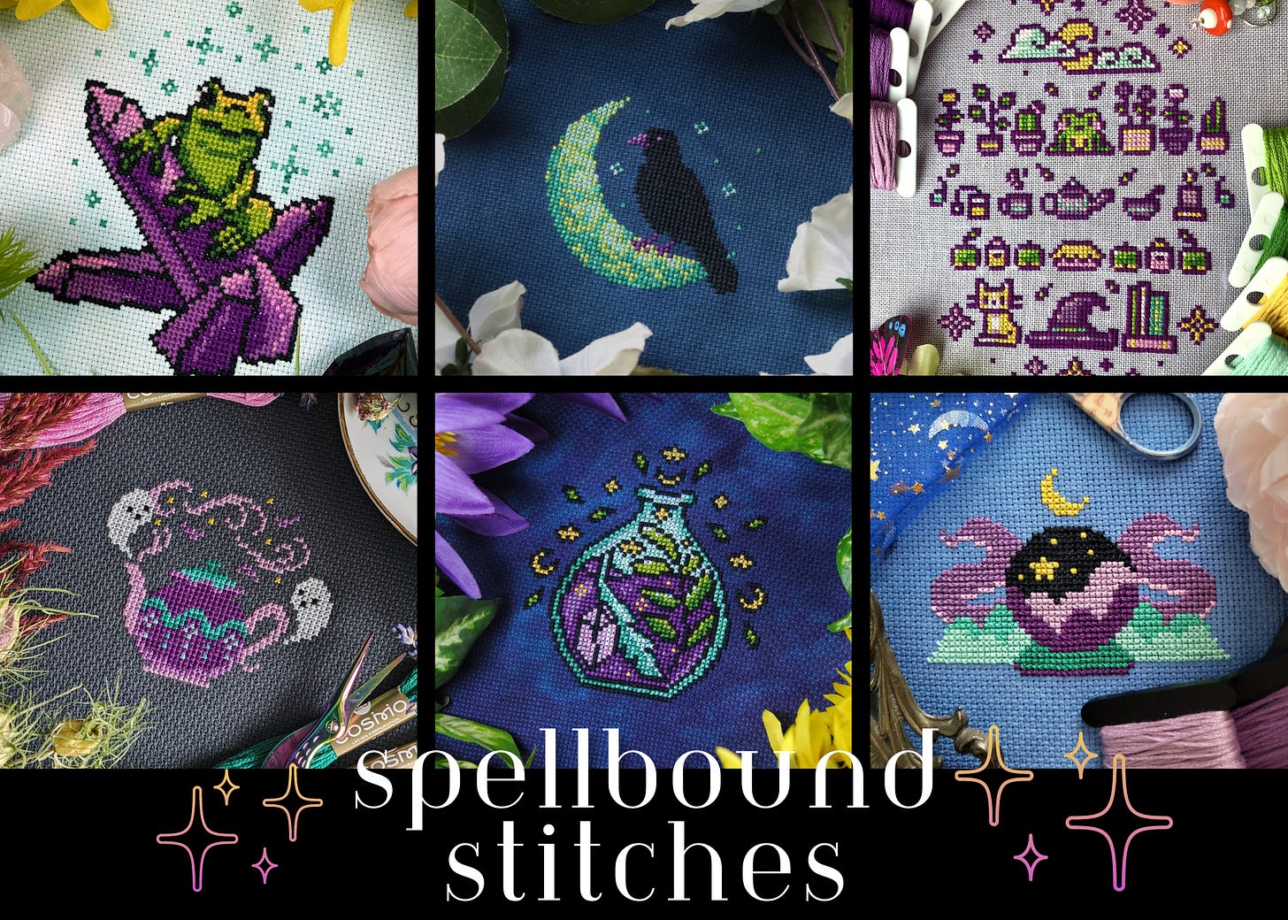 Six spooky cross stitch patterns on a grid.  There’s a frog perched on an amethyst, a black bird sitting on a crescent moon, a cottagecore sampler with frogs, witch’s hats, and tea set motifs. There’s also a teapot with little ghosts, a potion bottle with feathers, greenery and crystals, and a crystal ball with a celestial theme.  Text says Spellbound Stitches.