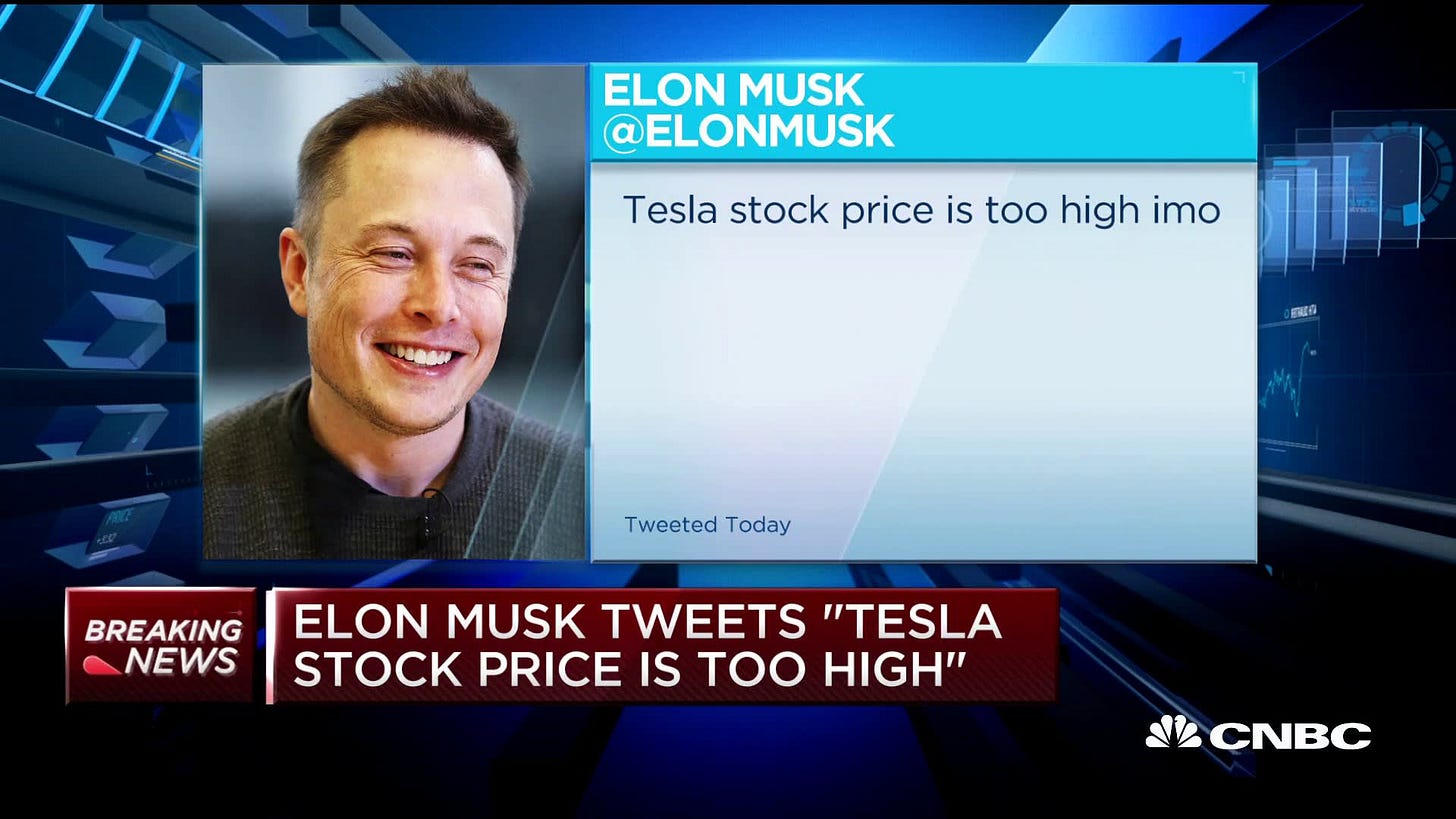 Tesla CEO Elon Musk says stock price is 'too high,' shares fall