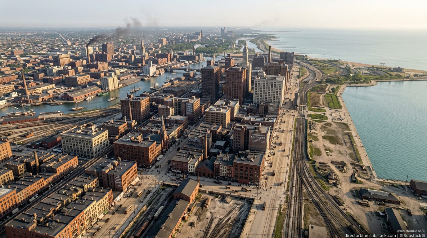 IMAGE PROMPT TIME TRAVEL THROUGH PAST - Create a hyper-realistic 169 HDTV documentary aerial photograph from the exact same fixed drone camera position 850 feet above the future southwest edge of Grant Park around modern South Michigan Avenu_image_1