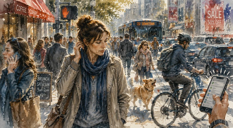 A woman walking through a busy city street surrounded by crowds, traffic, and noise, looking overwhelmed and drained from sensory overload and too much stimulation. A woman walking through a busy city street surrounded by crowds, traffic, and noise, looking overwhelmed and drained from sensory overload and too much stimulation.