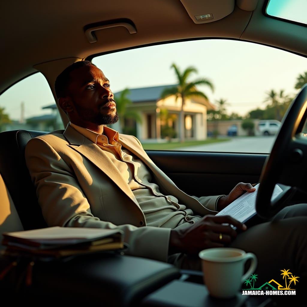 A weary Jamaican male realtor, dressed in stylish attire, sits in his car, surrounded by real estate documents, a laptop bag, and a phone, with a coffee cup, folders, and keys scattered around, warm tropical sunlight casting a cinematic glow, outside, a modern Caribbean-style house with swaying palm trees, shot in a cinematic style, with film grain, vignette, and color grading, reminiscent of photographers like Gregory Crewdson, Steve McCurry, and Martin Schoeller, with a 35mm film aesthetic.