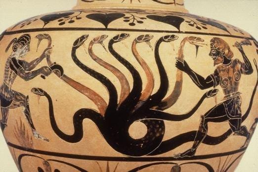 Ceramic pot depicting Hercules slaying the Lernean hydra Ceramic pot depicting Hercules slaying the Lernean hydra