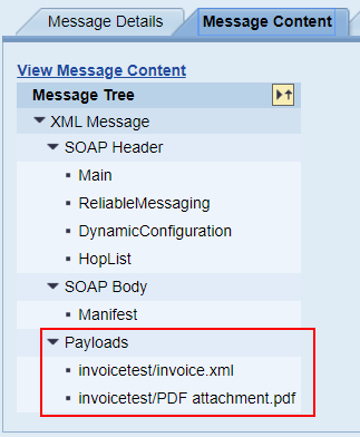 XI Message content, Main Payload, and Attachment show in the message monitor. Message content tab of the message monitor of sap PI PO XI Message content, Main Payload, and Attachment show in the message monitor. Message content tab of the message monitor of sap PI PO