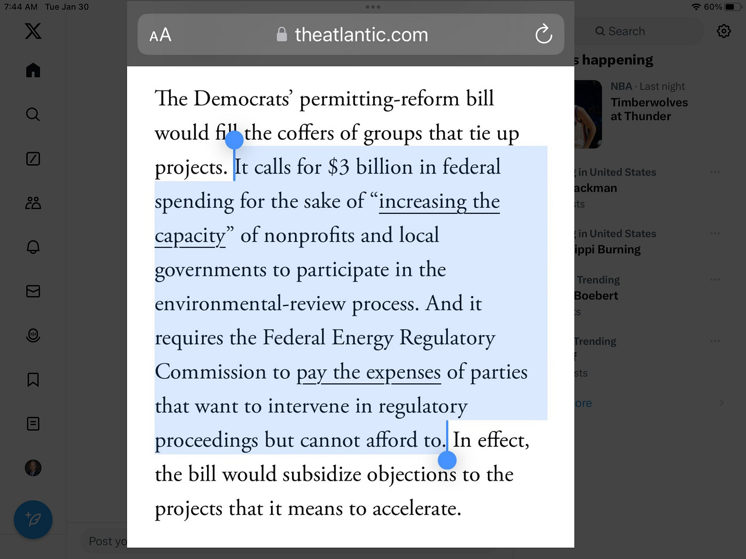 picture of text from a post on X, formerly known as Twitter, about how federal dollars are now being used to slow or stop the use of federal dollars for infrastructure projects