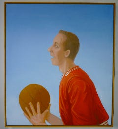 two paintings of half-length figures, one a balding man in army camo jacket, the other a basketball player in red jersey, mouth open in profile and aiming a shot.
