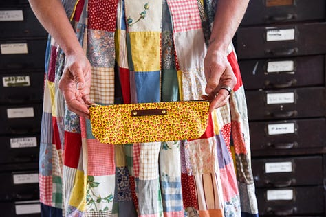 Waxed Canvas Zip Pouch with Yellow Vintage Textiles