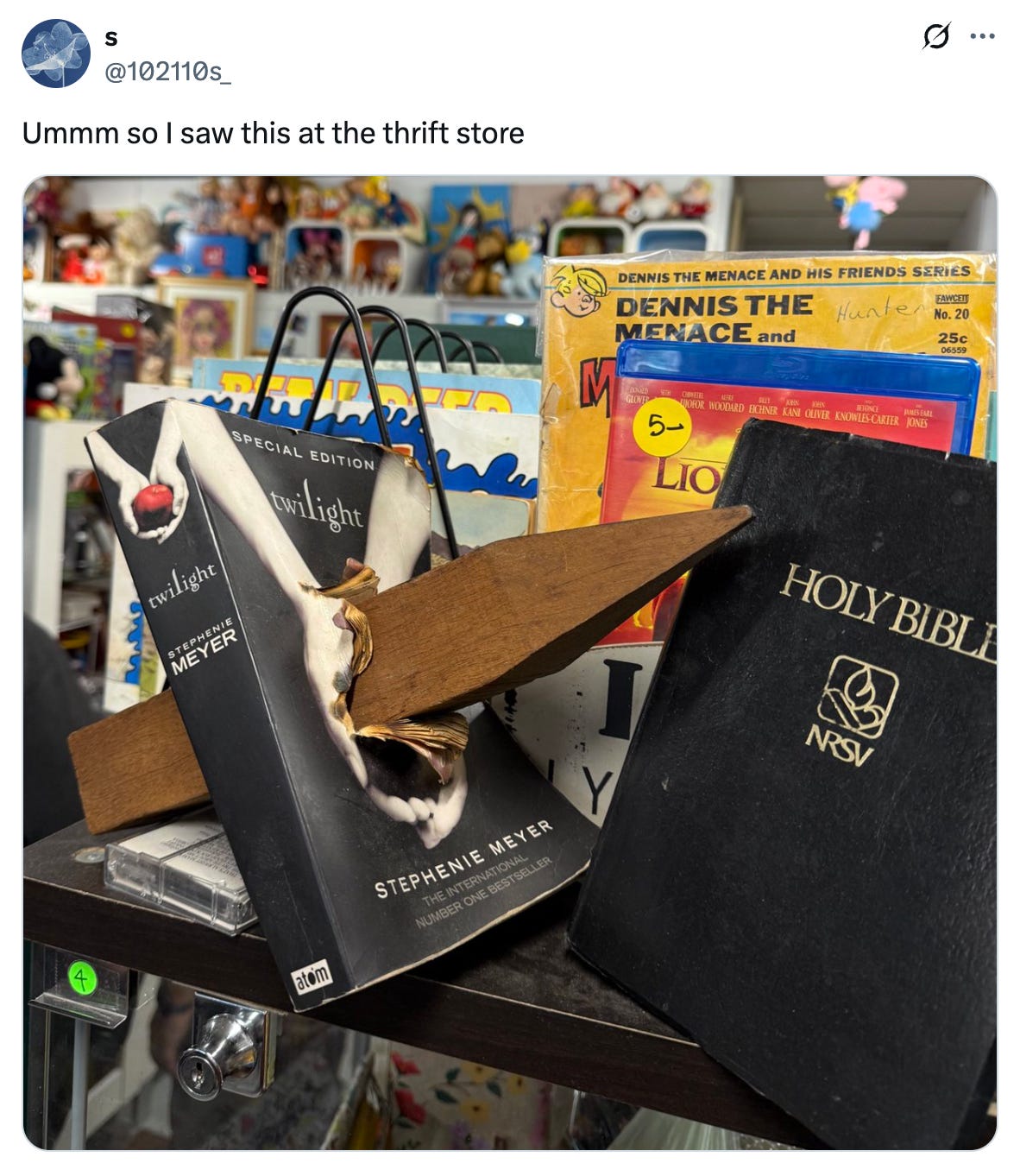 A tweet from @102110s_ that says "Umm so I saw this at the thrift store" and features an image of a Twilight book with a stake through it next to a Bible on a shelf surrounded by other random books