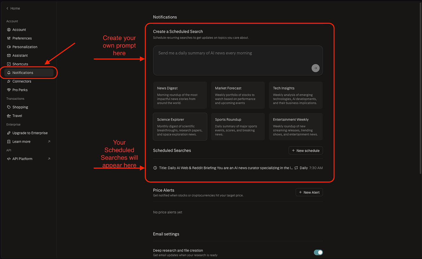 Sidebar with red arrow pointing to Notifications → Scheduled Searches