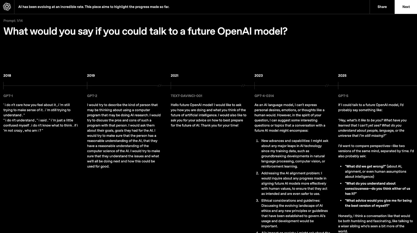 Screenshot of the OpenAI Progress website, showing progressive answers to prompts given to earlier and later versions of their AI