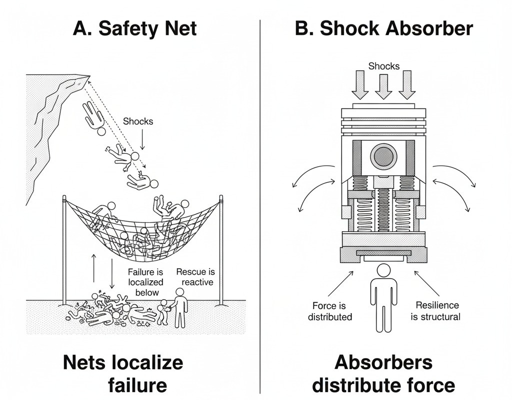 Diagrams labeled A) Safety Net—a net catching falling loads but localizing failure in knots—and B) Shock Absorber—a flexible system distributing force through tubes.