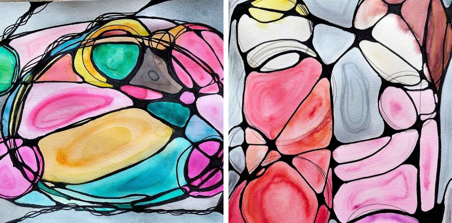 Colourful neurographic drawings featuring lines, and circles, displayed in an abstract way