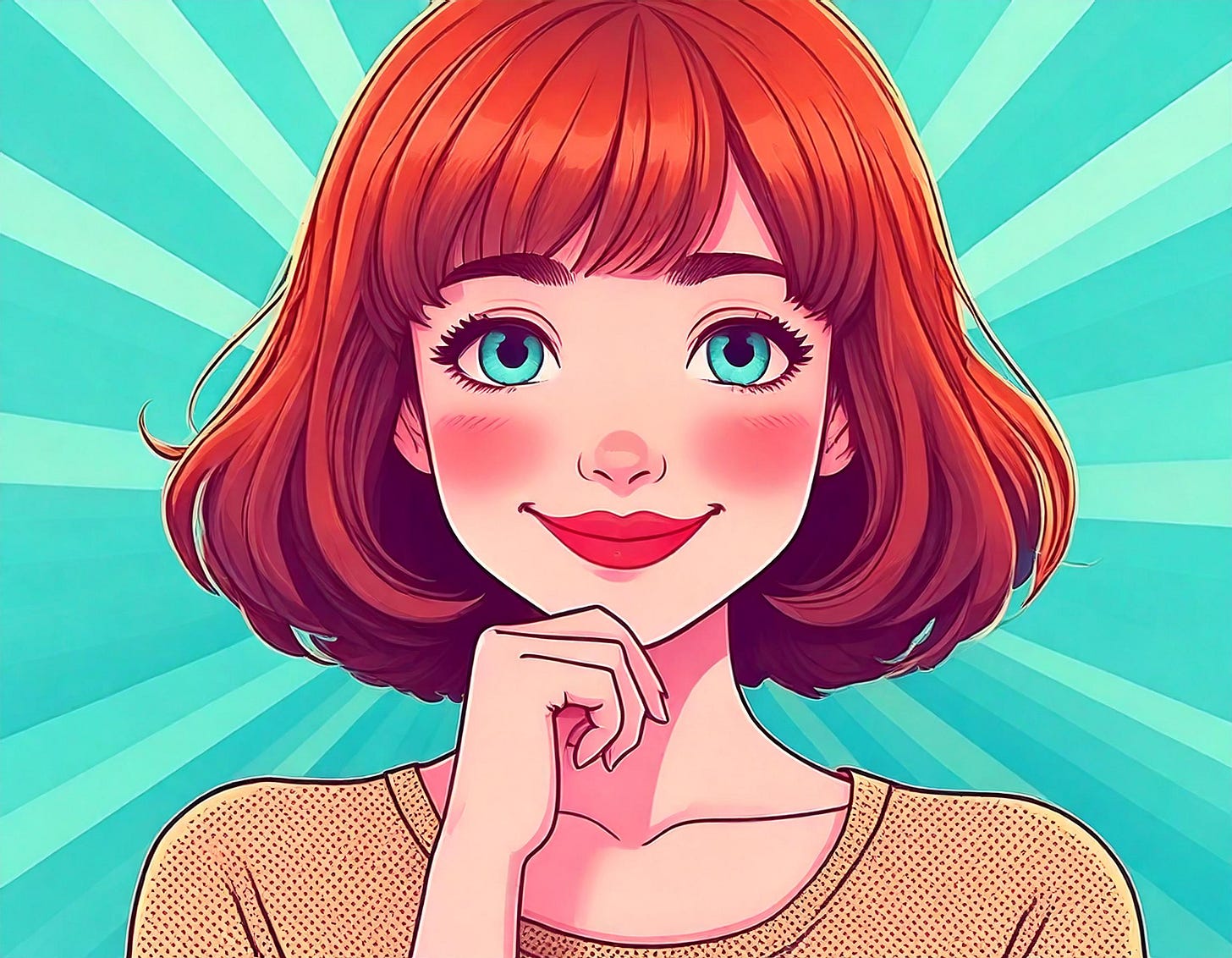 Stylised illustration of a white girl with red bobbed hair, big blue eyes and her hand on her hand to show she's thinking. The background is blue and imitates the sun rays radiating out