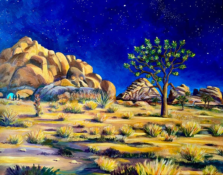 photos, sketches, drafts, and the final masterpiece showcasing Joshua Tree's beauty and mystery.