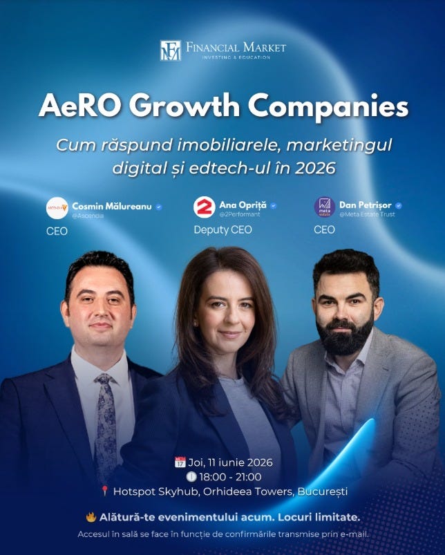 May be an image of text that says 'FINANCIALMARKET FINANCIAL MARKET INVESTING&EGURATION INVESTING EGUCATION AeRO Growth Companies Cum răspund imobiliarele, marketingul digital și edtech în 2026 Cosmin CosminMălureanu Mălureanu @Ascencie EO 2 Ana Opriță @2Performant Deputy CEO Dan Petrişor @MotaEstateTrust CEO 17 Joi, 11 iunie iunie2026 2026 18:00 21:00 Hotspot Sky Skyhub, hub, rhideea Towers,București Towers, Bucuresti Alătură-te evenimentului acum. Locuri limitate. funcție httphthtethe de le prine-mai e-mai'