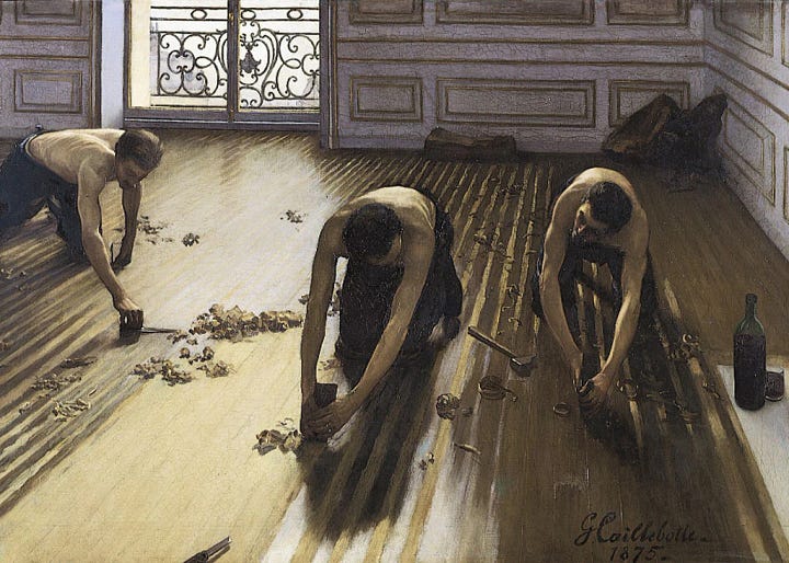A photograph of us working on the floor which turns out to replicate the famous painting, The Floor Scrapers by Gustave Caillebotte