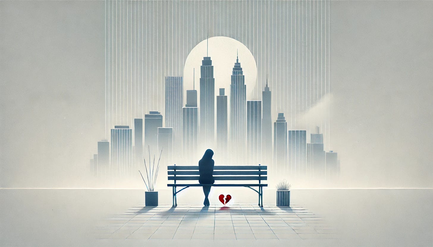 A minimalist and conceptual illustration representing dating rejection due to lack of perceived interest. The image features a single silhouette sitting on a park bench under a soft grayscale city skyline. The silhouette is looking down at a small red broken heart on the ground beside the bench. Empty space surrounds the figure, emphasizing isolation and emotional distance. Subtle abstract lines in the background create a faint connection to the city, symbolizing unspoken emotions. The color palette includes muted grays and blues, with the broken heart as a vibrant pop of red. The mood is reflective and wistful, highlighting the quiet loneliness of modern dating.