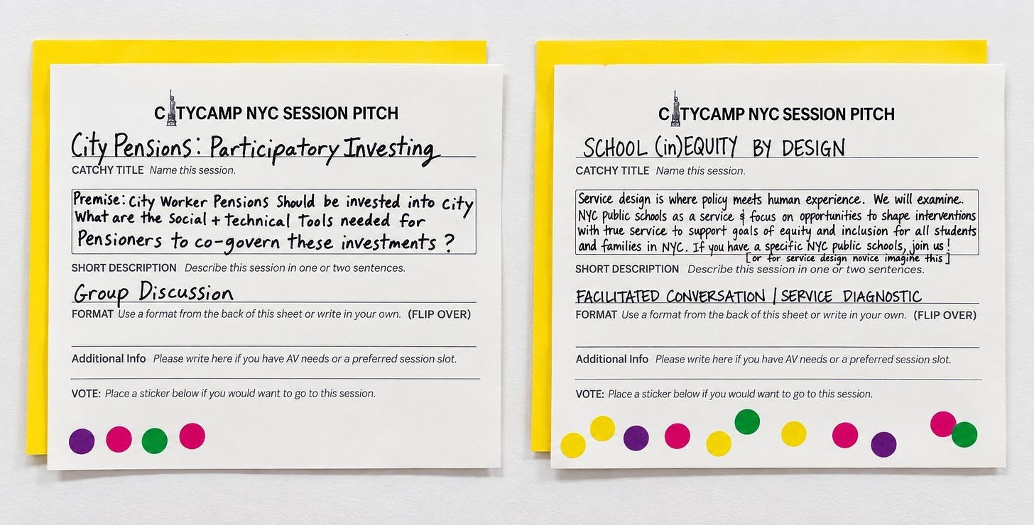 Sessions on the Pitch board for CityCamp 2026 in NYC Sessions on the Pitch board for CityCamp 2026 in NYC