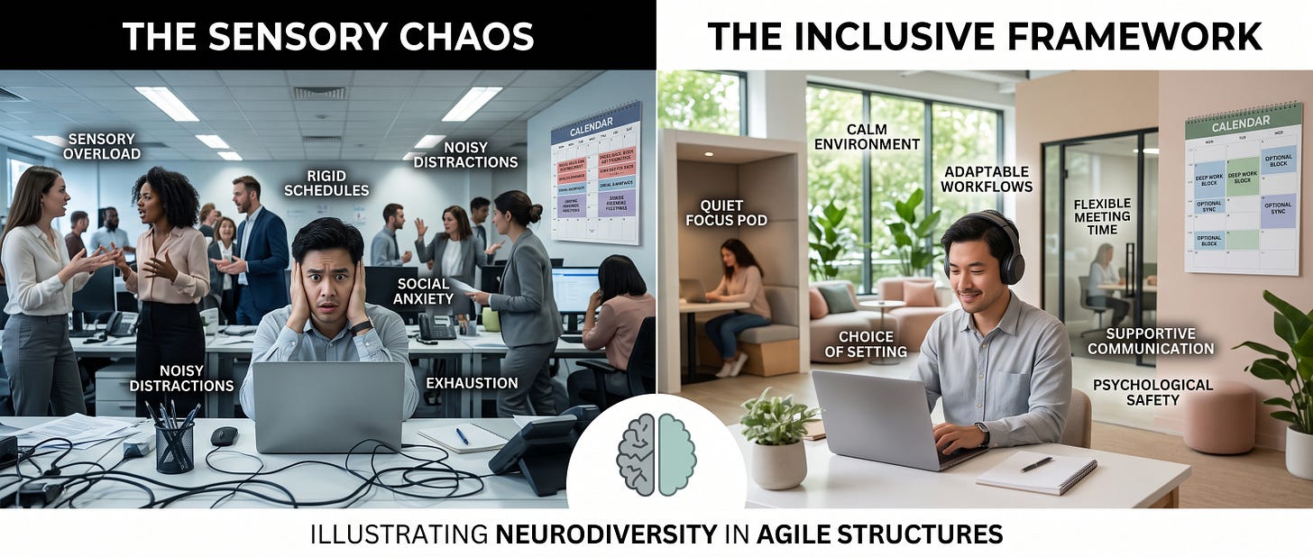 Key-Visual "Neurodiversität in agilen Strukturen" zur Darstellung von sensorischer Belastung im Openspace im Vergleich zu inklusivem Framework-Design. KI-generiert.