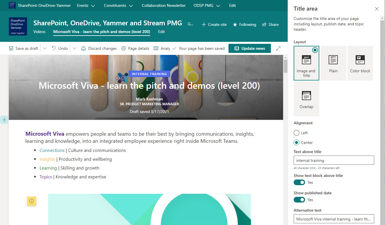 Configure the title area of your page or news with and image, text overlay, author, and other information to give it visual and textual identity.