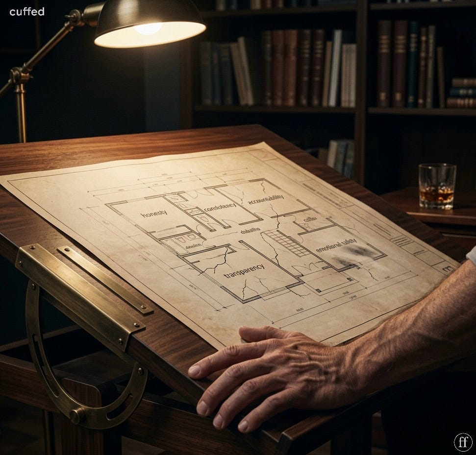 a weathered architectural blueprint laid flat on a dark walnut drafting table, illuminated by a warm brass desk lamp. the blueprint shows a floor plan with rooms labeled honesty, consistency, accountability, emotional safety, and transparency, with visible crack lines running through several walls. a man's hand rests at the edge of the drawing, grounded and still. a glass of whiskey sits in the background beside a wall of leather-bound books. cream and warm amber tones throughout. mood: masculine introspection, quiet reckoning, structural damage finally seen clearly. cuffed wordmark top left in black. fused ff logo bottom right in black. | trust architecture quote graphic | masculine relationship content | emotional intelligence | cuffed media