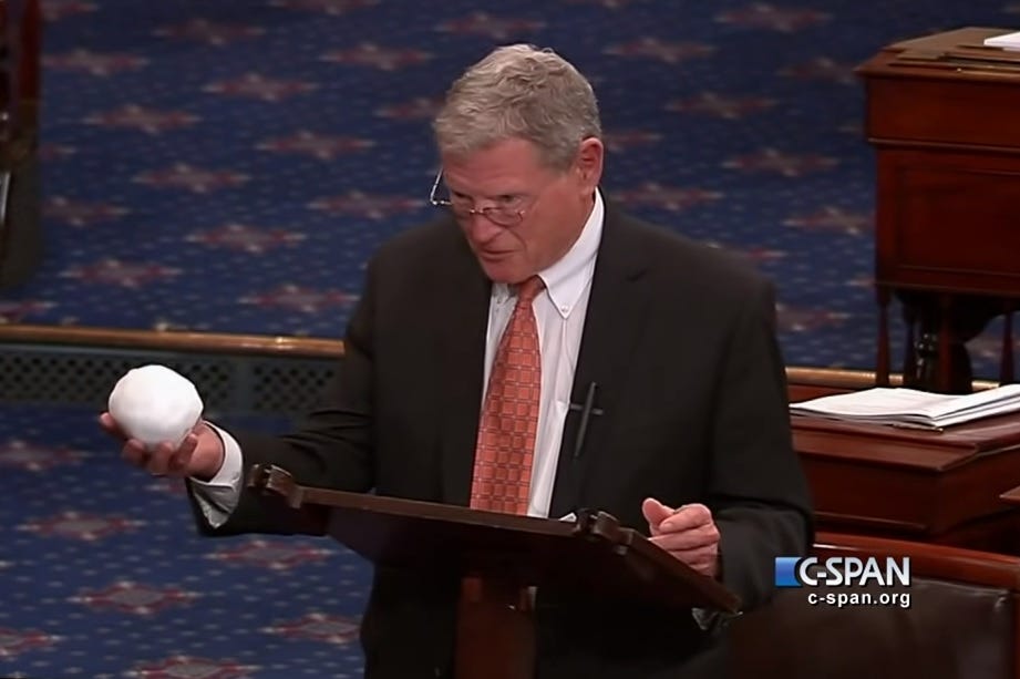 C-SPAN screenshot of Sen James Inhofe holding a snowball in the Senate in 2015