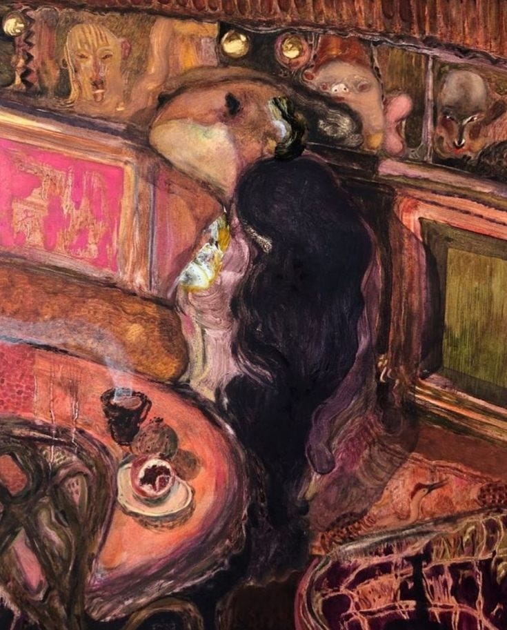 This may contain: a painting of a woman sitting at a table in front of a mirror with candles on it