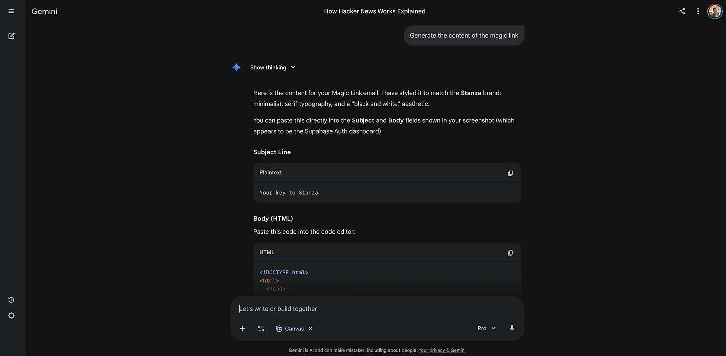 The Gemini chat interface shows a generated HTML code block designed for a branded magic link email. The Gemini chat interface shows a generated HTML code block designed for a branded magic link email.