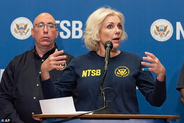 NTSB Chair Jennifer Homendy addresses a press conference on Wednesday, alongside chief investigator Marcel Muise (left)