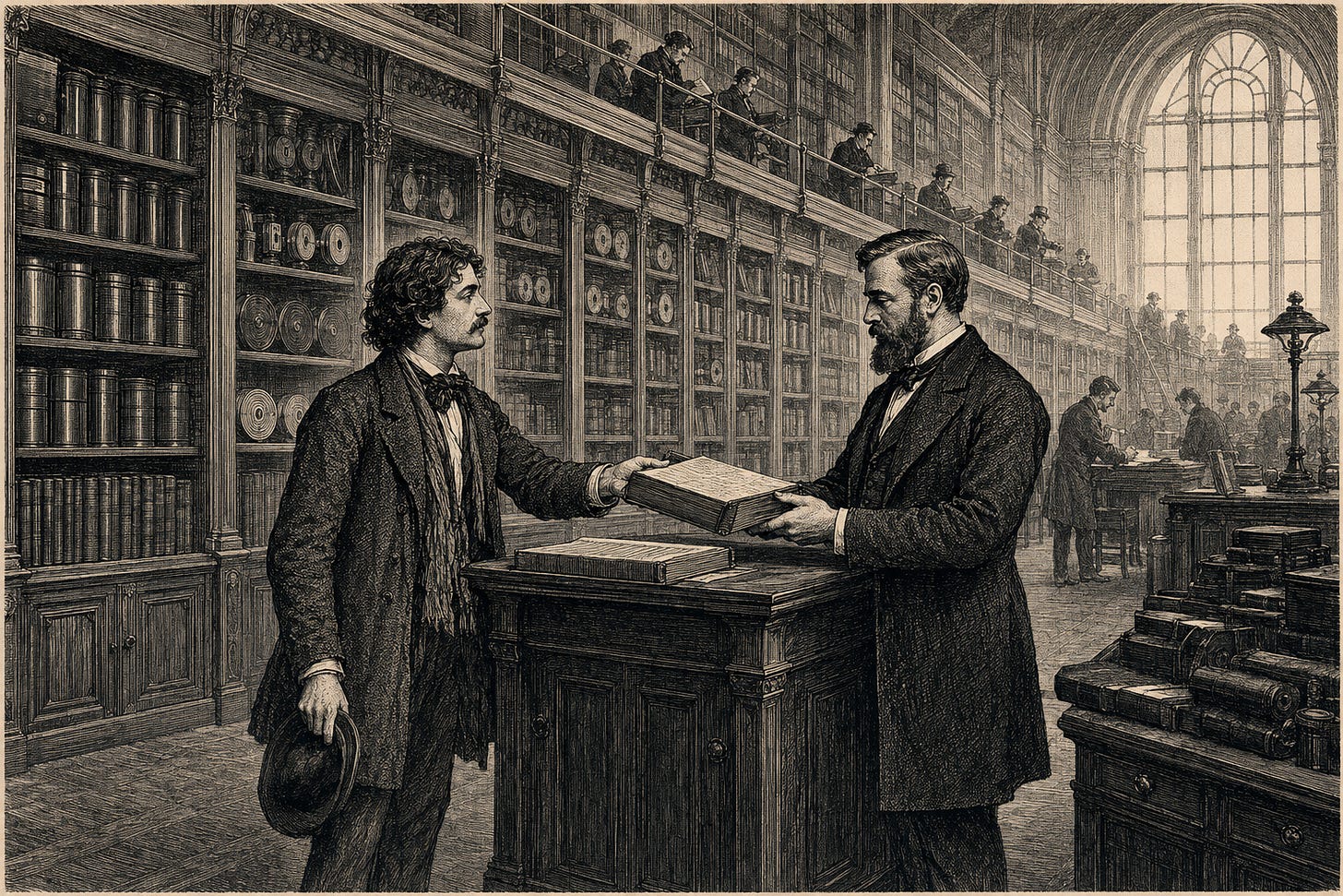 Wood-engraving editorial illustration in the Thomas Nast Harper's Weekly style for Attention Capital's essay The Pipes Aren't Built Yet. A Victorian-era banker stands at a tall standing desk examining a credit file offered by a musician across from him, while behind them an immense glass-fronted cabinet of audio recording cylinders, wax discs, and bound ledgers recedes into deep perspective, attended by smaller upper-floor archivists. A high arched window floods the documentation cabinet in light. The image visualizes the central historical argument that the 1997 Bowie Bonds deal was not a credit innovation but a credit recognition, made possible by eight decades of collection-society infrastructure built by ASCAP, BMI, the Harry Fox Agency, and SESAC before Pullman ever walked into Prudential. Keywords: Bowie Bonds, music royalty infrastructure, collection societies, ASCAP, BMI, Harry Fox Agency, attention-backed credit. Wood-engraving editorial illustration in the Thomas Nast Harper's Weekly style for Attention Capital's essay The Pipes Aren't Built Yet. A Victorian-era banker stands at a tall standing desk examining a credit file offered by a musician across from him, while behind them an immense glass-fronted cabinet of audio recording cylinders, wax discs, and bound ledgers recedes into deep perspective, attended by smaller upper-floor archivists. A high arched window floods the documentation cabinet in light. The image visualizes the central historical argument that the 1997 Bowie Bonds deal was not a credit innovation but a credit recognition, made possible by eight decades of collection-society infrastructure built by ASCAP, BMI, the Harry Fox Agency, and SESAC before Pullman ever walked into Prudential. Keywords: Bowie Bonds, music royalty infrastructure, collection societies, ASCAP, BMI, Harry Fox Agency, attention-backed credit.