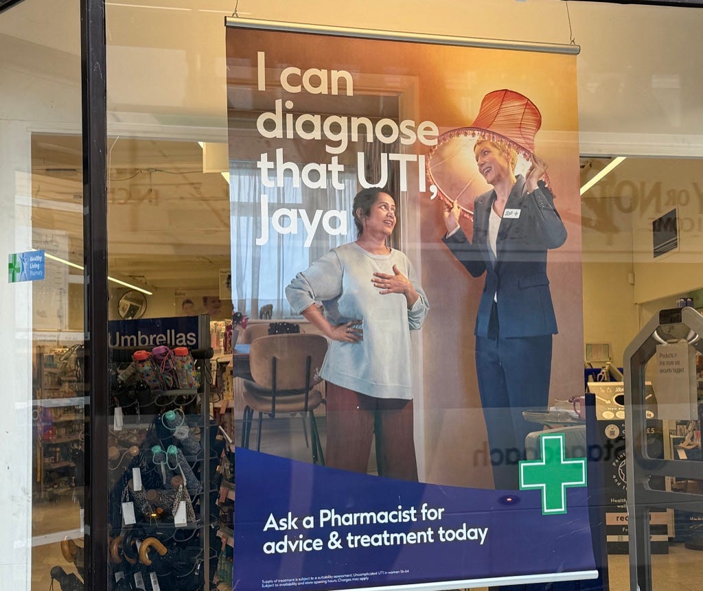 A poster for Boots the Chemist. A pharmacist takes a lampshade off her head, and says to a house-holder: 'I can diagnose that UTI, Jaya'. All the other pictures in this piece are close ups of bits of this poster.