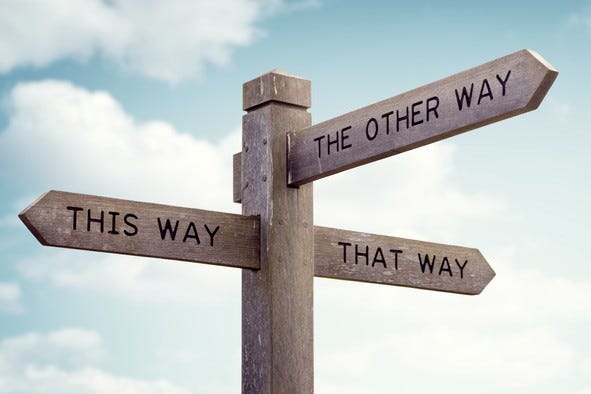 A signpost with signs going "this way", "that way", "other way"