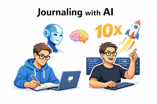 "Journaling with AI" Split screen image. Left: a man with book and laptop. Right: a man smiling with "10x" and rocket above. 