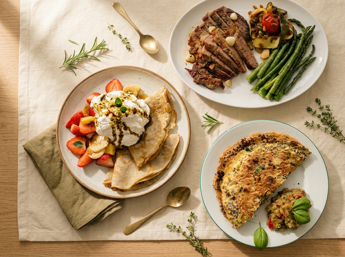 A luxury flatlay of three Golden Flow meals: buckwheat pancakes with whipped cream and berries, a grilled ribeye steak with asparagus, and a quinoa omelet with guacamole. A luxury flatlay of three Golden Flow meals: buckwheat pancakes with whipped cream and berries, a grilled ribeye steak with asparagus, and a quinoa omelet with guacamole.