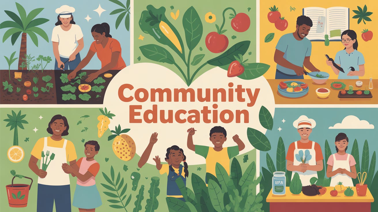 A colorful collage depicting diverse people of all ages gardening, cooking healthy meals, and participating in educational activities, surrounded by Florida fruits and vegetables, with the words “Community Education” in bold at the center. A colorful collage depicting diverse people of all ages gardening, cooking healthy meals, and participating in educational activities, surrounded by Florida fruits and vegetables, with the words “Community Education” in bold at the center.